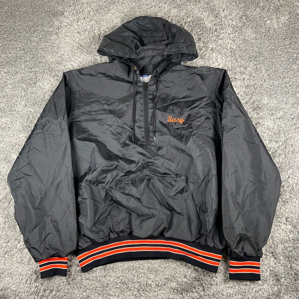 Vintage Rennoc Windbreaker Hoodie Mens L Black Anorak Mamaroneck Lacrosse USA